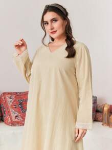 Al Najma Plus Size Women's Summer Arabic Clothing, 1pc Lace Splice V-Neck Robe With Flared Sleeve Cuffs - Apricot - View 8
