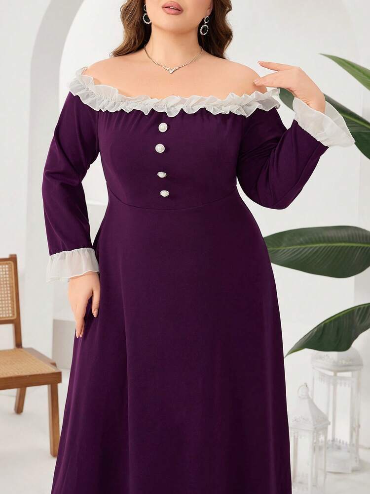 Plus Size Women's Off-Shoulder Long Sleeve Dress With Frill Hem