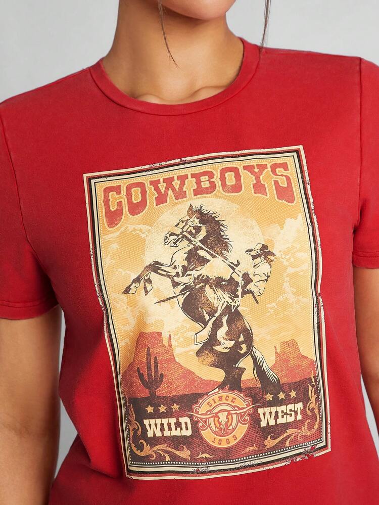 Western Cowboy & Letter Graphic Fitted Tee
