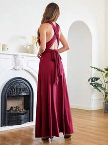 BABYONLINE D.R.E.S.S. Solid Color Back Bow Tie Waist Formal Evening Dress - Burgundy - View 2
