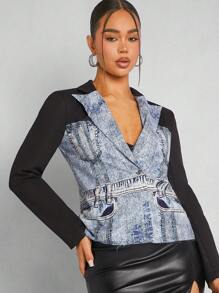 Denimoi Fashion Denim-Effect Print Colorblock Blazer - Black - View 1