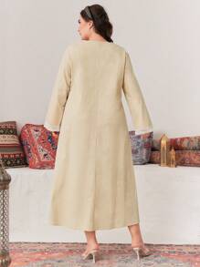 Al Najma Plus Size Women's Summer Arabic Clothing, 1pc Lace Splice V-Neck Robe With Flared Sleeve Cuffs - Apricot - View 2