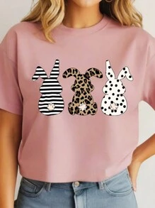 SHEIN Essnce lễ Phục sinh Phim hoạt hình thỏ in Vòng cổ Của phụ nữ Áo thun - Hồng - Xem 1