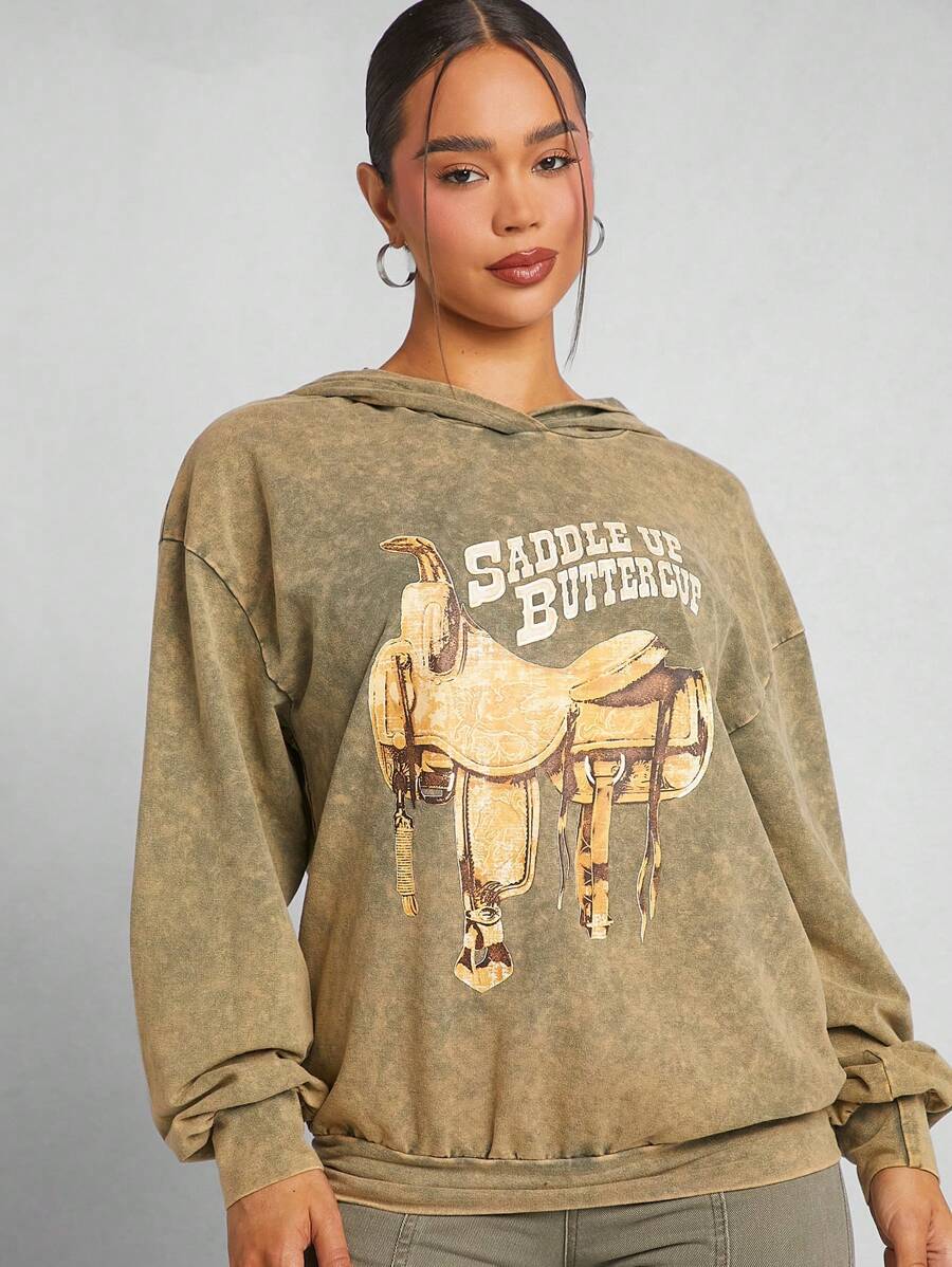 SHEIN Unity 西部图案水洗连帽运动衫