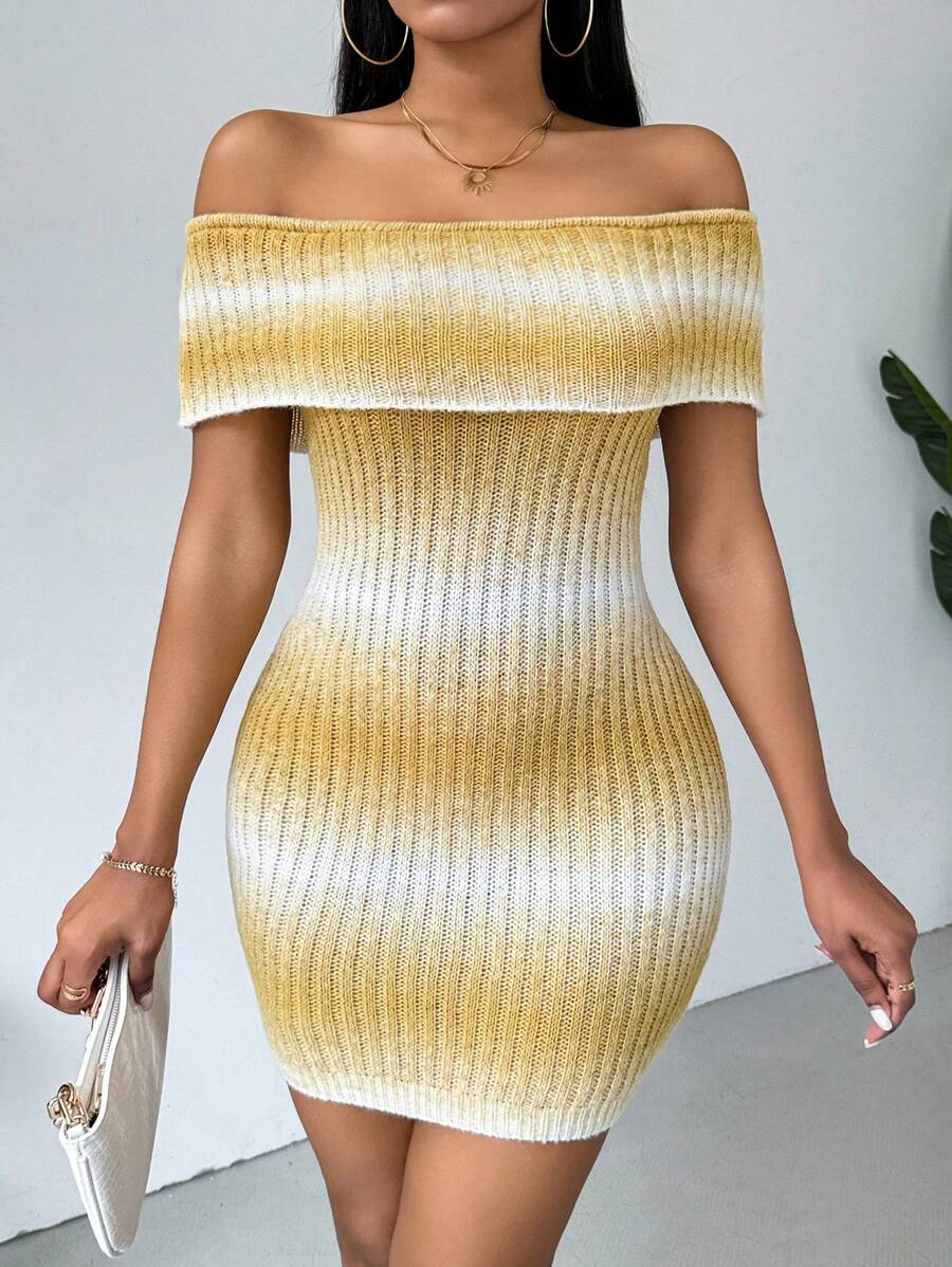 Chiquease Off-Shoulder Short Sleeve Ombre Knitted Dress