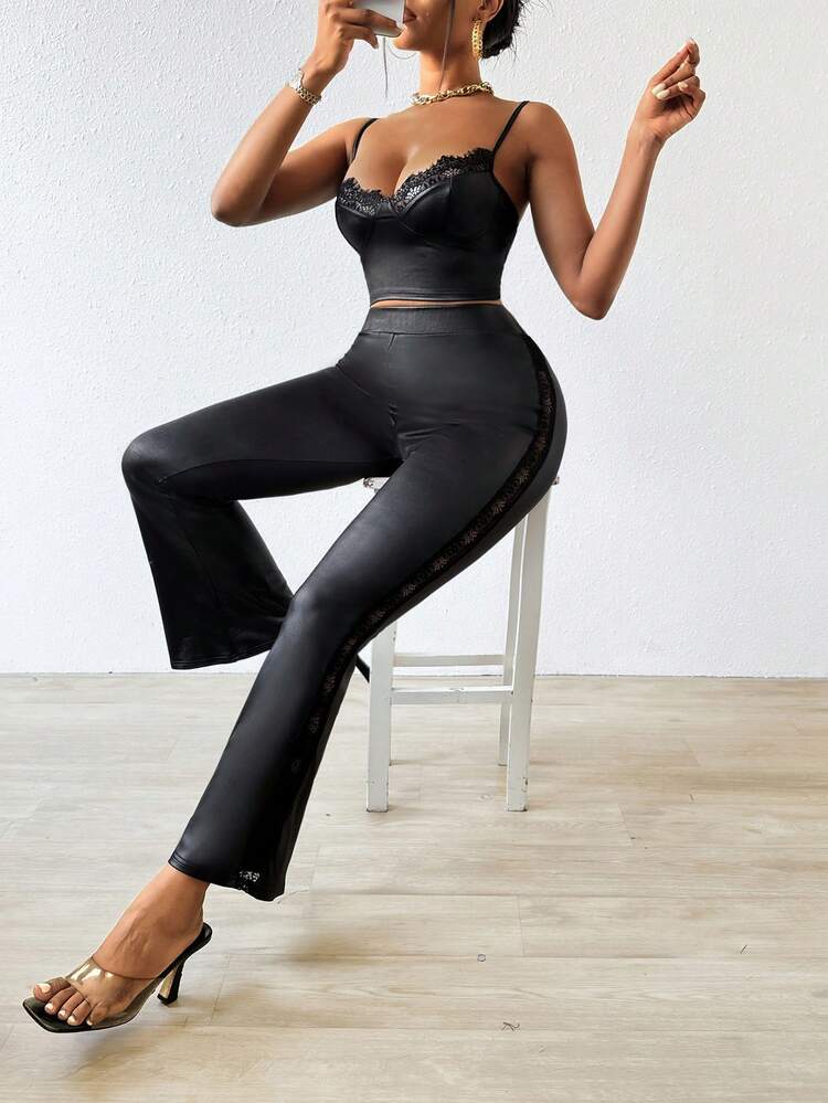 Lace Splice Slim Fit Camisole Top With Flare Pants