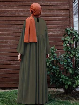 女士纯色宽松休闲朴素长袖连衣裙