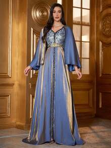 Embroidered Cape Sleeve Dress With Applique - Blue - View 3