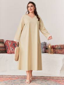 Al Najma Plus Size Women's Summer Arabic Clothing, 1pc Lace Splice V-Neck Robe With Flared Sleeve Cuffs - Apricot - View 7