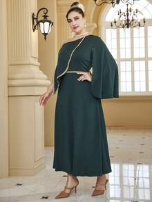 Plus Size Women Patchwork Ribbon Detail Asymmetric Collar Dress - Green - View 6