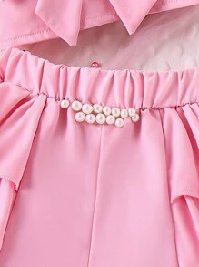 SHEIN Young Girl Cute Pearl Decor Stud & Bowknot Design Cami Top And Shorts 2pcs/Set Spring/Fall Outfits Summer Holiday