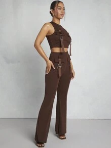 SHEIN Unity Ensemble deux pièces avec Top et pantalon avec boucle et poche - Marron - Voir 6