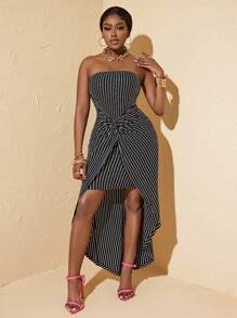 Zolique Asymmetrical Hem Striped Twist Design Strapless Dress - Black and White - View 4