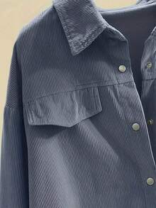 Women's Casual Solid Color Drop Shoulder Long Sleeve Shirt, Autumn - Dark Grey - View 4