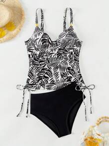 SHEIN Swim Summer Beach Tropical Printed Cami Tankini Set With Separate Bottom - Black and White - View 3