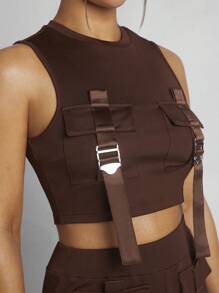 SHEIN Unity Ensemble deux pièces avec Top et pantalon avec boucle et poche - Marron - Voir 4