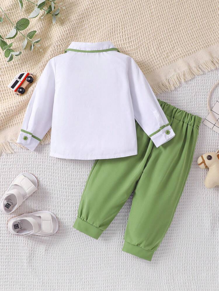 Baby Boy's Gentleman Style Casual Double-Breasted Long Sleeve Shirt And Sports Pants Suit, Suitable For Birthday Party, Evening Party, Wedding And Baptism