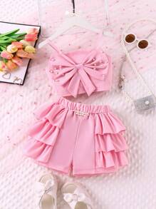 SHEIN Young Girl Cute Pearl Decor Stud & Bowknot Design Cami Top And Shorts 2pcs/Set Spring/Fall Outfits Summer Holiday