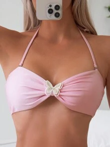 SHEIN Swim Summer Beach Women's Butterfly Embroidery Halter Bikini Set - Pink - View 3