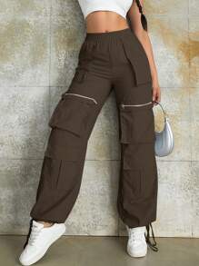 Pantalones Y2k De Estilo Callejero Con Cintura Elástica, Cremallera Decorativa, Multi-bolsillos, Cordón De Ajuste, Dobladillo De Pierna Ancha Y Estilo De Carguero. - Marrón - Ver 6