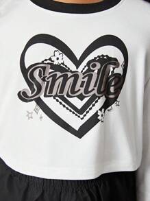 SHEIN Conjunto De 2 Piezas Para Chica Preadolescente, Camiseta Con Estampado De Corazón Y Letra Y Pantalones Largos Estilo De Ropa De Trabajo - Blanco y Negro - Ver 4