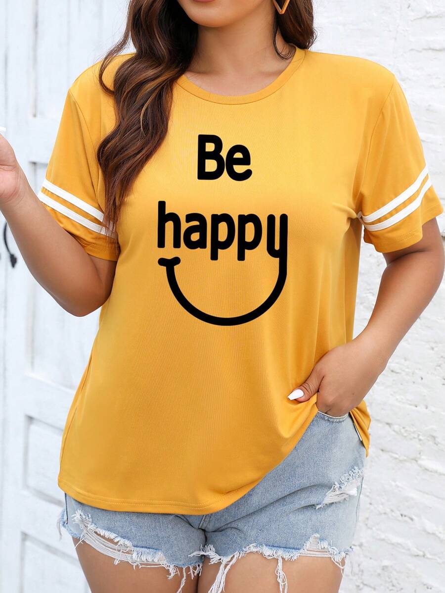 Calvaya Plus Size Short Sleeve T-Shirt With Letter And Cartoon Print