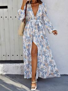 Breezaya 小碎花印花灯笼袖系带连衣裙 - 藍白色 - 查看 1