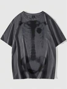ROMWE MEN Goth Áo thun nam in hình bộ xương cho dịp Halloween, trường học - Màu xám đen - Xem 1