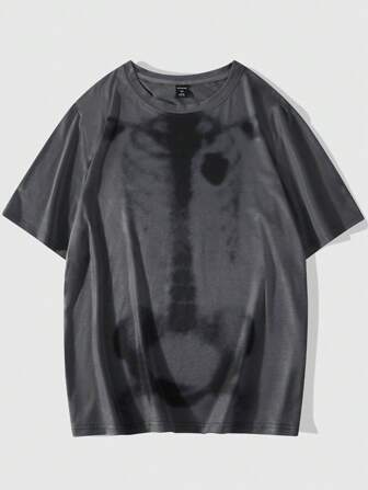 Grunge Punk T-shirt à imprimé squelette pour hommes, pour Halloween, l'école