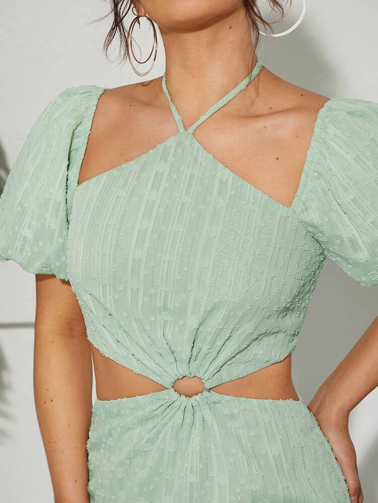 Puff Sleeve Textured Cut Out Dress