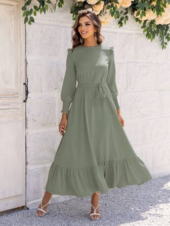 Joyfunear 女士圆领长袖荷叶边纯色连衣裙