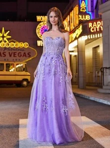 Women's Floral Embroidered Mesh Bandeau Evening Gown - Mauve Purple - View 2
