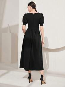 Modelyn Vestido largo de mujer estilo línea A con cintura adornada con perlas - Negro - Ver 2