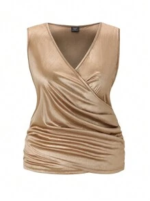 SHEIN Clasi Top Tanque Envolvente Con Volantes, Sólido Y De Talla Grande - Champán - Ver 1