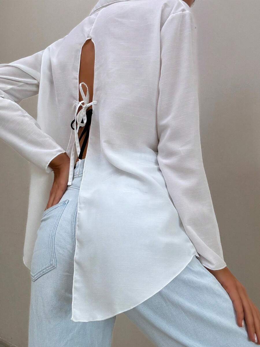 SHEIN Swim Solid Split Tie Back Kimono - White - View 1