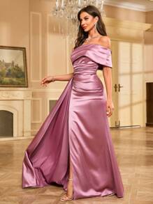 Sequined Satin Floor-Length Evening Gown Elegant Formal Prom Wedding Guest Dress, For Graduation, Dinner - Pink - View 6