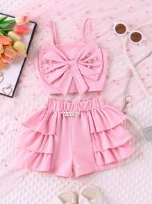 SHEIN Young Girl Cute Pearl Decor Stud & Bowknot Design Cami Top And Shorts 2pcs/Set Spring/Fall Outfits Summer Holiday