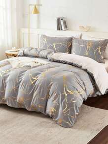 1套灰色金属大理石纹被套,带箔片闪光,大理石纹3件套床上用品,金色金属被套,柔软超细纤维被套,男女通用,1个被套,2个枕套,不含被芯 - 彩色 - 查看 3