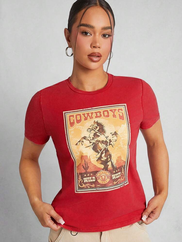 Western Cowboy & Letter Graphic Fitted Tee