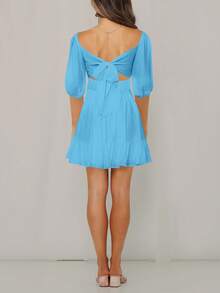 Ladies' Solid Color Square Neck Lantern Sleeve Dress - Baby Blue - View 5