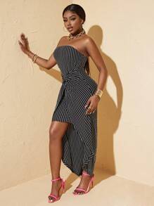 Zolique Asymmetrical Hem Striped Twist Design Strapless Dress - Black and White - View 6