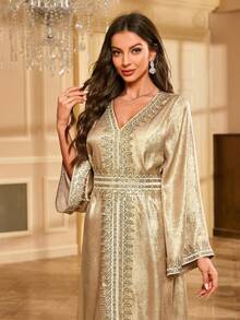 Long Sleeve Embroidered Lace High Slit Dress - Champagne - View 8