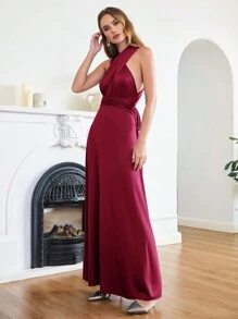 BABYONLINE D.R.E.S.S. Solid Color Back Bow Tie Waist Formal Evening Dress - Burgundy - View 1