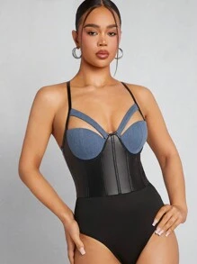 Hauture Contrast Cut Out Bustier PU Leather Halter Bodysuit - Multicolor - View 1