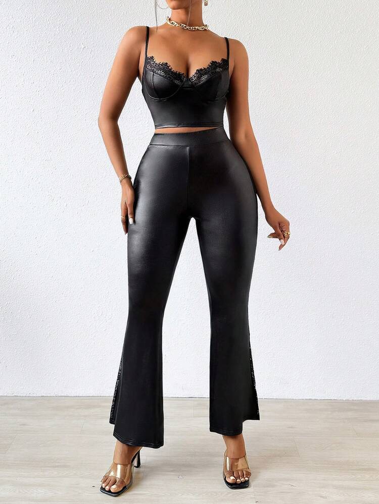 Lace Splice Slim Fit Camisole Top With Flare Pants