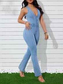 SHEIN ICON Deep V-Neck Flared Denim Jumpsuit - Blue - View 6