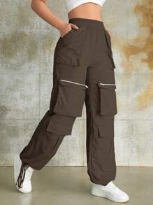 Pantalones Y2k De Estilo Callejero Con Cintura Elástica, Cremallera Decorativa, Multi-bolsillos, Cordón De Ajuste, Dobladillo De Pierna Ancha Y Estilo De Carguero. - Marrón - Ver 4