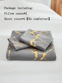 1套灰色金属大理石纹被套,带箔片闪光,大理石纹3件套床上用品,金色金属被套,柔软超细纤维被套,男女通用,1个被套,2个枕套,不含被芯 - 彩色 - 查看 5