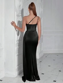 ADYCE One Shoulder Ruched High Slit Long Ribbon Prom Party Dress Black Elegant Formal Evening Wedding Guest Gown, For Graduation, Dinner - Black - View 2