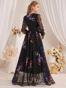 Women's Elegant Floral Print Ruffle Sleeve Mesh High Slit Dress, Spring/Summer - Black - View 2